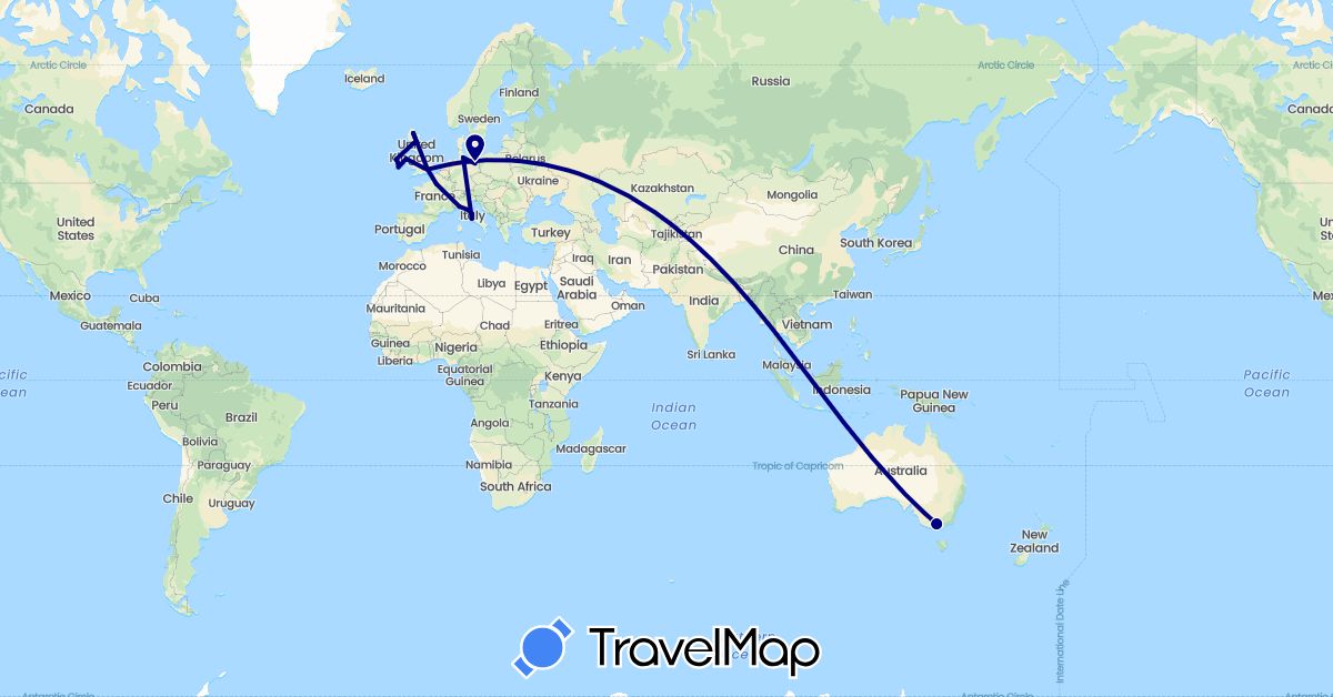 TravelMap itinerary: driving in Australia, Germany, France, United Kingdom, Ireland, Italy (Europe, Oceania)